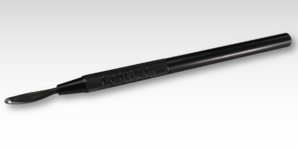 A custom rub on transfer with a black handle on a gray background.