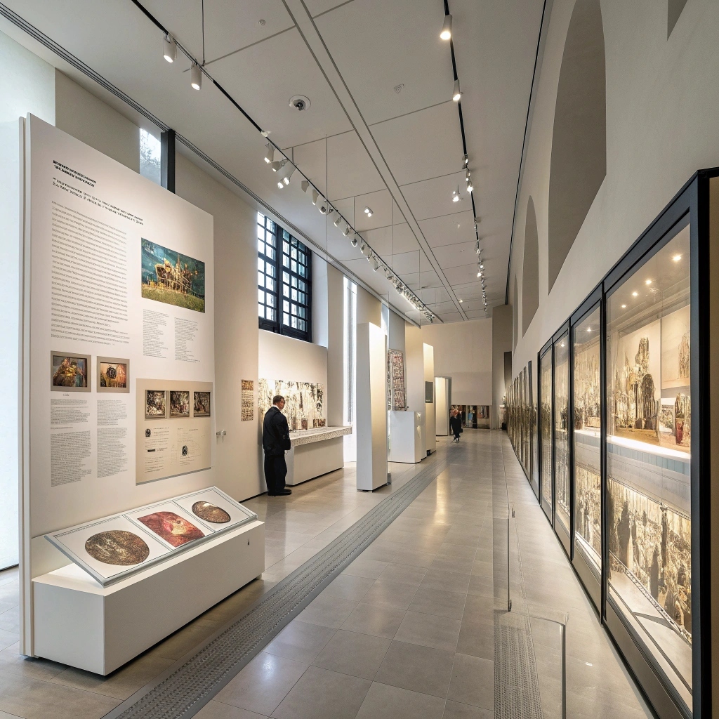 Art gallery interior with high ceilings, illuminated display cases, and artwork on walls. Large informational panels are present on the left. Visitors are seen in the distance.