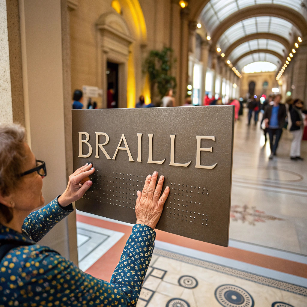 A woman stands holding a sign displaying braille, emphasizing the importance of accessibility for visually impaired individuals.