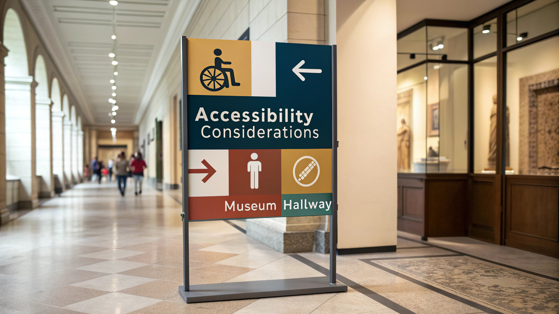 A sign displaying 'Accessibility Considerations' prominently featured in a museum setting, emphasizing inclusivity for all visitors.
