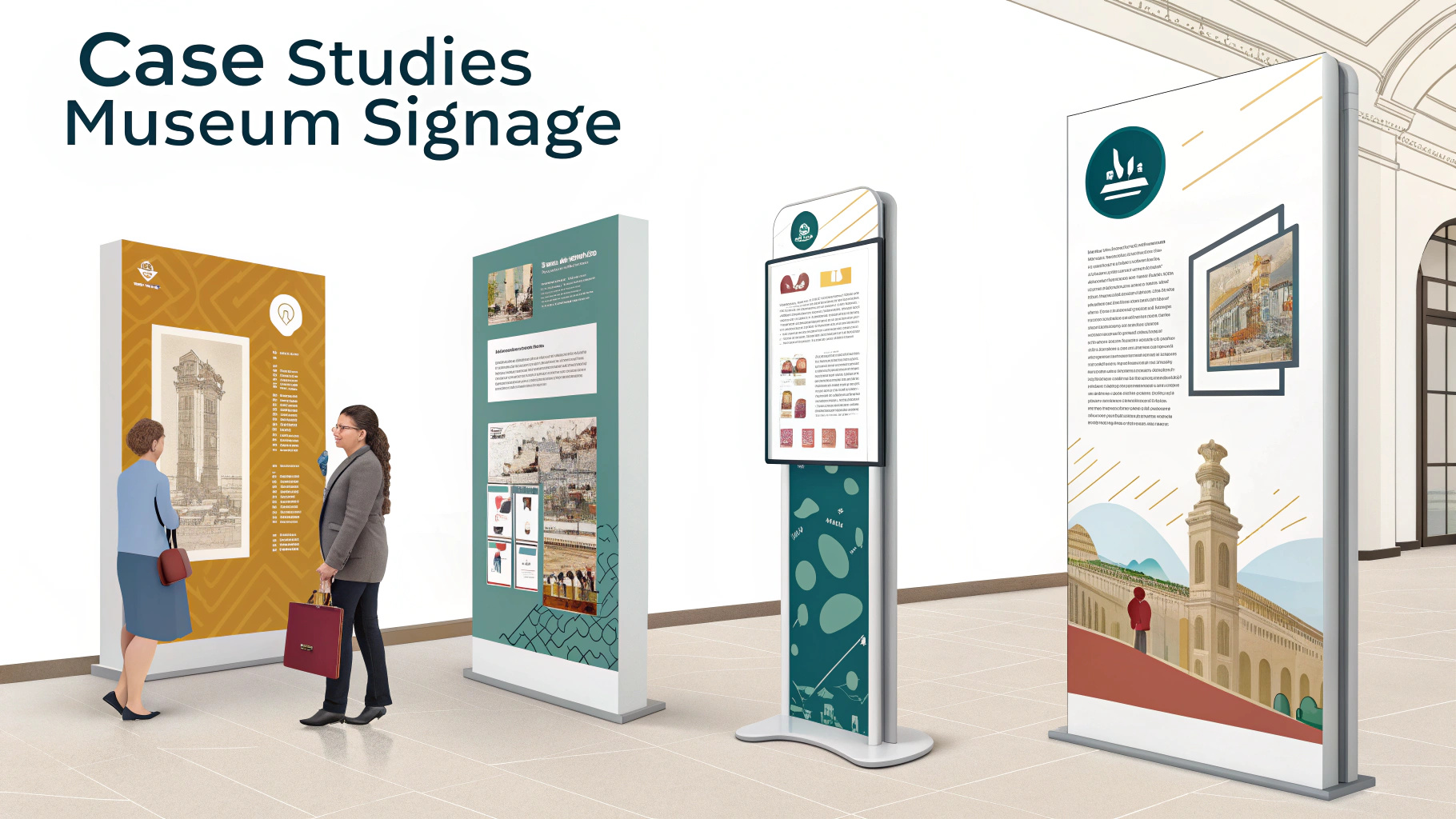 Signage at a museum displaying various case studies for educational purposes and visitor engagement.