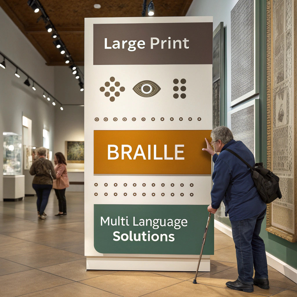 A person with a cane interacts with an accessible, informational display at an exhibition. It features large print, Braille symbols, and the phrase "Multi Language Solutions." In the background, others admire framed artworks accompanied by multilingual museum labels.