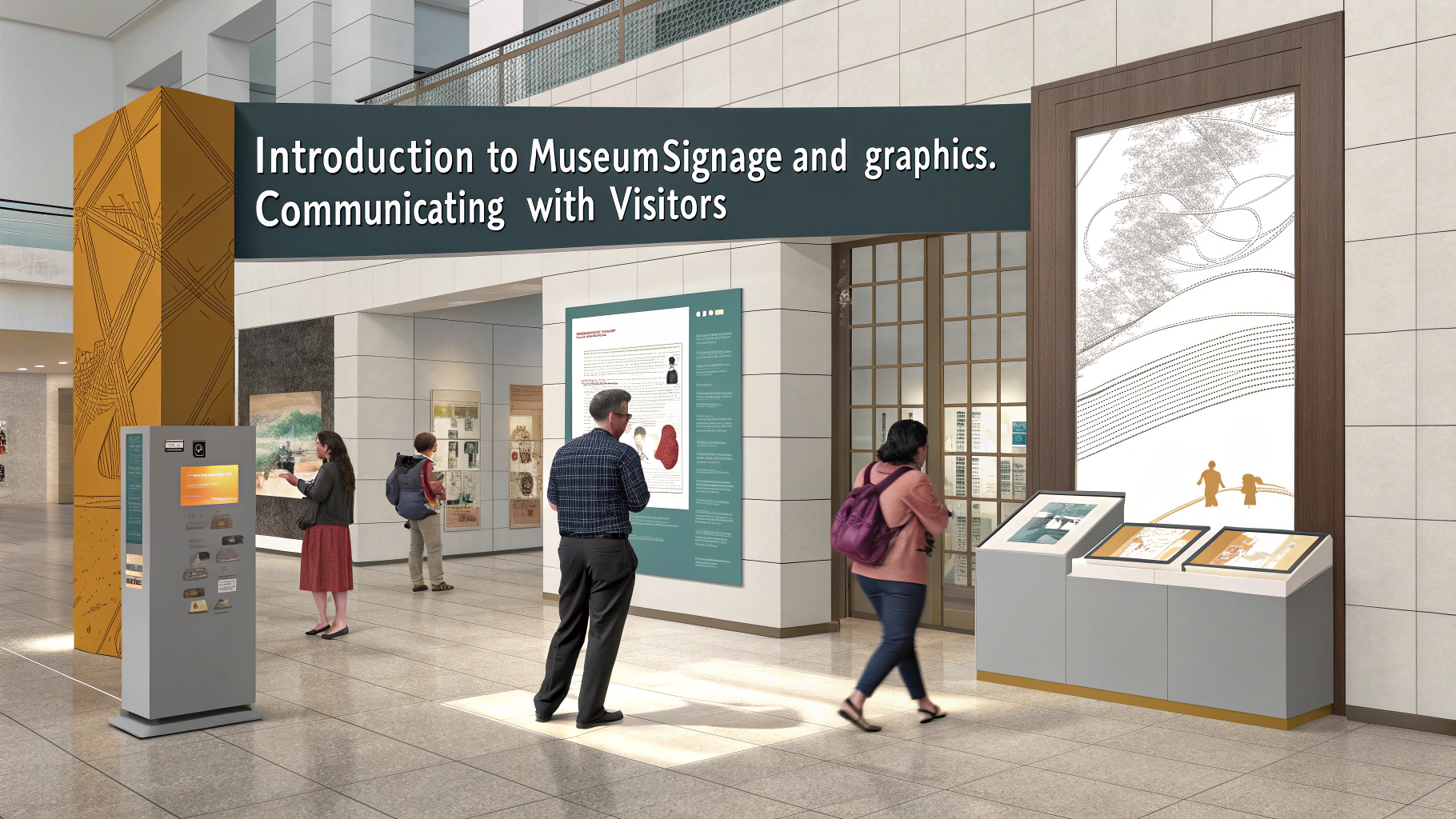 People in a museum exhibit area focused on signage and graphics. Visitors interact with informational kiosks and displays featuring text, images, and diagrams. The area is well-lit, with a modern design. A large header reads, "Introduction to Museum Signage and graphics. Communicating with Visitors.