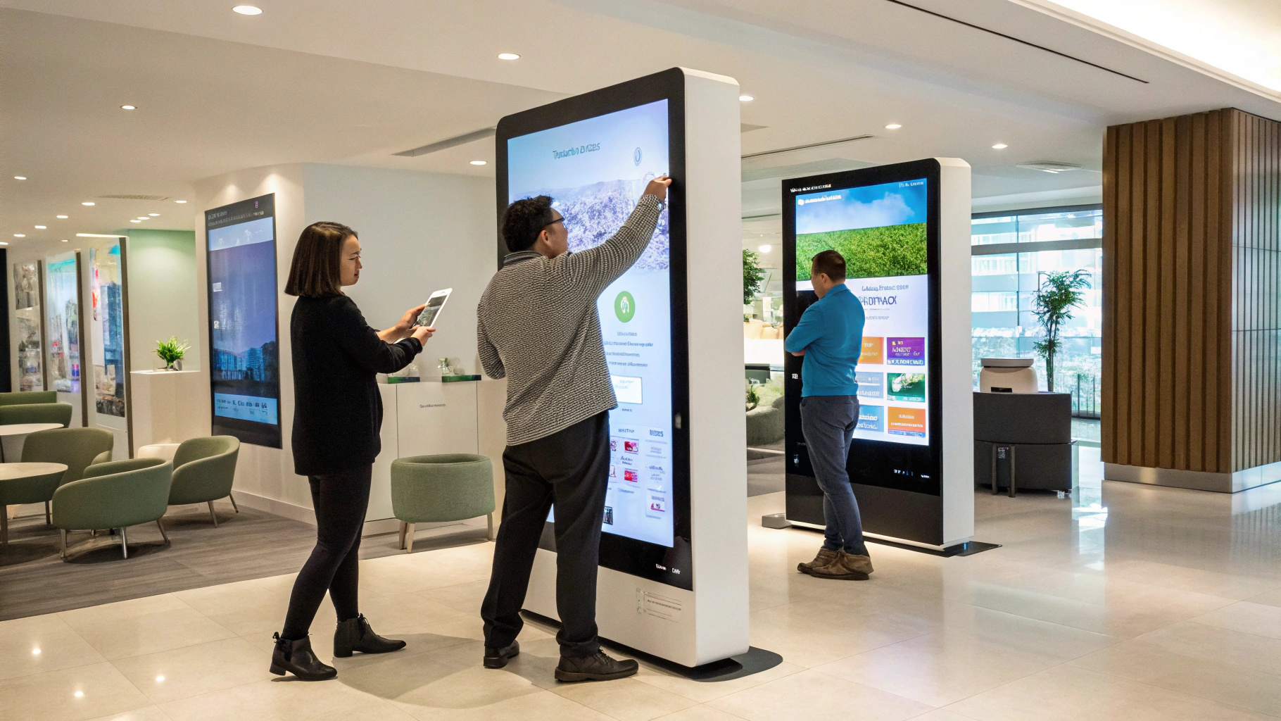 A group of people in a lobby gazes at a large screen displaying information or visuals.
