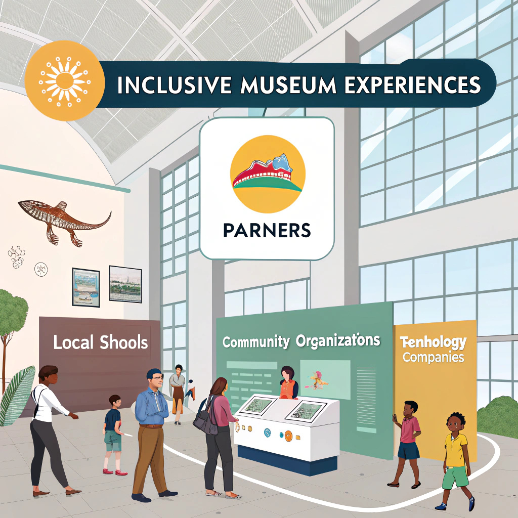 A group of diverse individuals engaging with interactive exhibits in a modern museum setting, showcasing collaboration and learning.