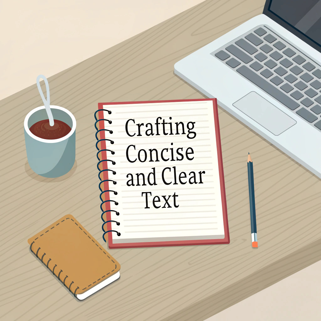 A person typing on a laptop, focused on creating concise and clear written content in a bright, organized workspace.