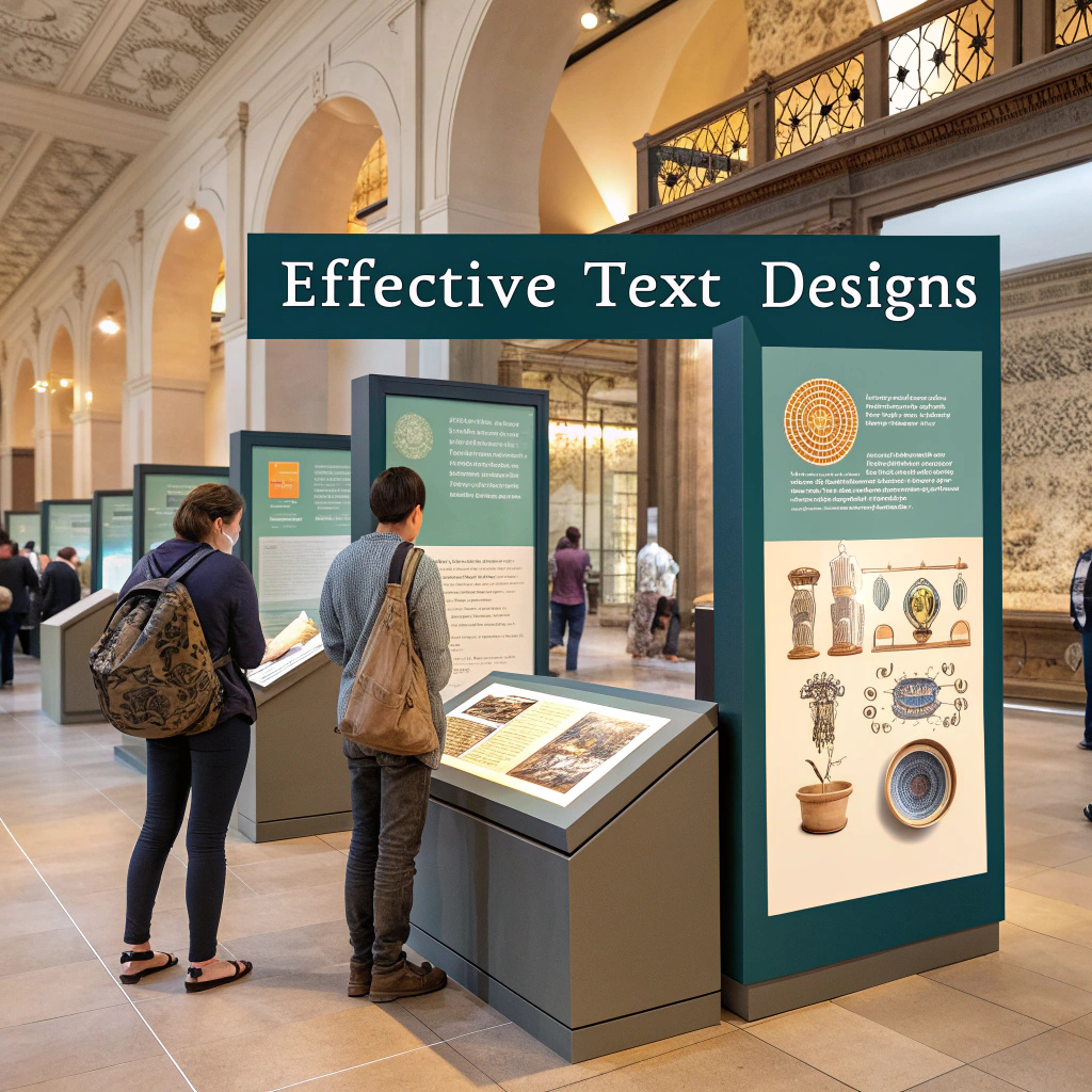 Visitors in a museum hall reading exhibit texts with both images and information. Sign above reads "Effective Text Designs." The hall features ornate archways and a high ceiling. Display includes pottery and cultural artifacts. People dressed casually, engaged with exhibits.