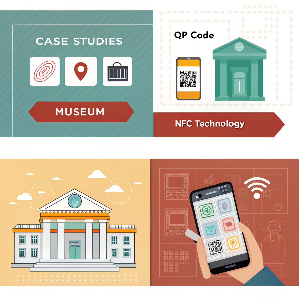 A digital illustration showing a museum, QR code, NFC technology, and a mobile phone. The phone scans icons including a QR code and museum-related images, highlighting how digital technology is used in museum case studies.