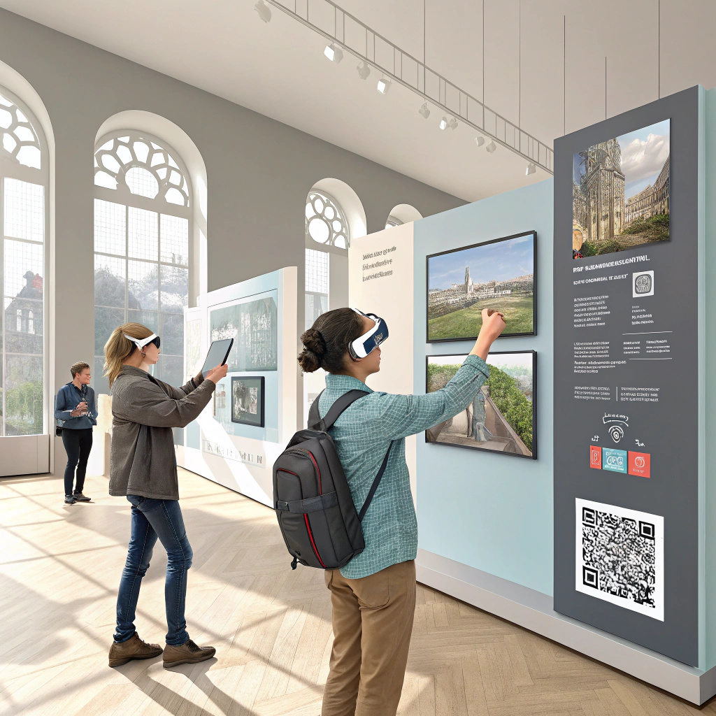 Three people in a modern museum gallery enjoy interactive museum experiences using VR headsets, a tablet, and digital museum labels. Large arched windows light the room as they engage with displays featuring photos, text, QR codes, and touch panels.