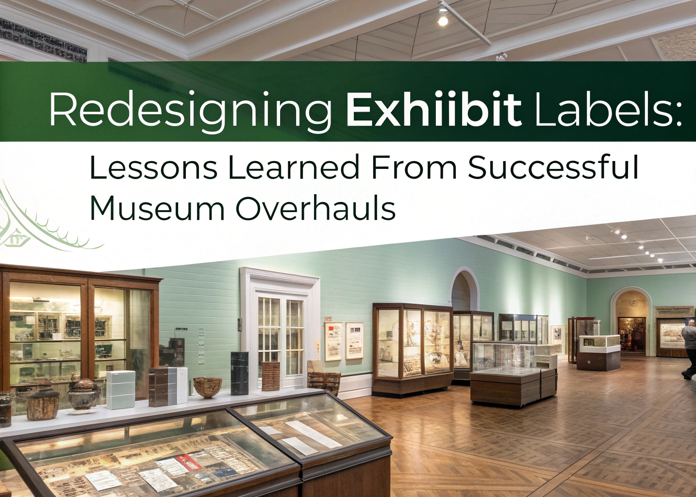 A museum gallery with glass display cases and framed items on mint-green walls explores exhibit labels. Overhead, a large banner reads: “Redesigning Exhibit Labels: Lessons Learned From Successful Museum Overhauls.” The space is well-lit with wood floors and a high ceiling.