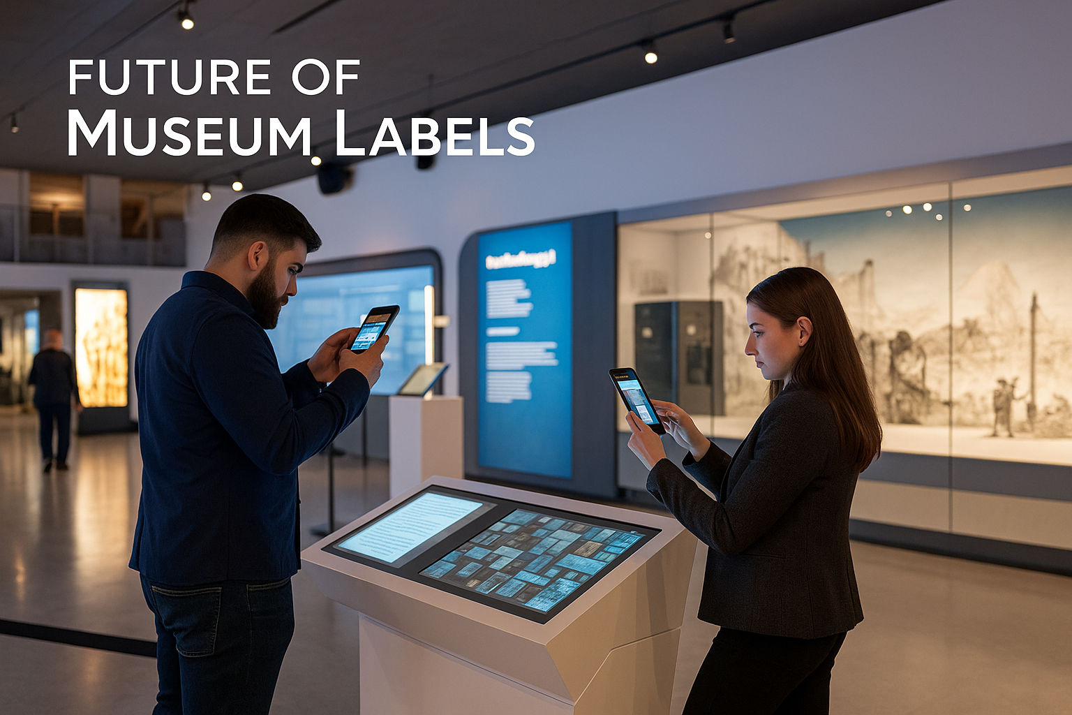 Two people in a modern museum use smartphones to scan information from digital museum labels. Large text reads “Future of Museum Labels.” Exhibits and softly lit showcases enhance the interactive, tech-forward atmosphere.