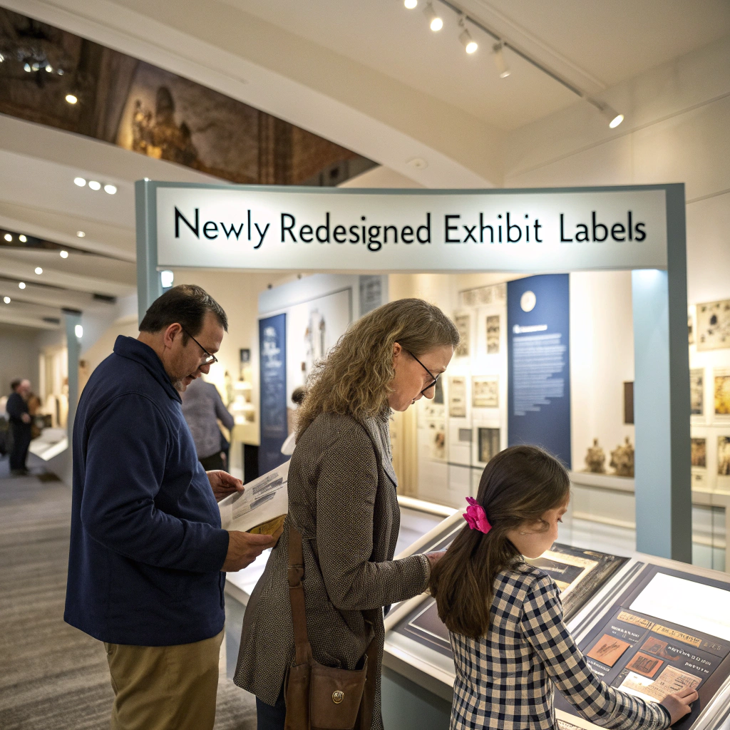 A group of people examining a display featuring various new labels.
