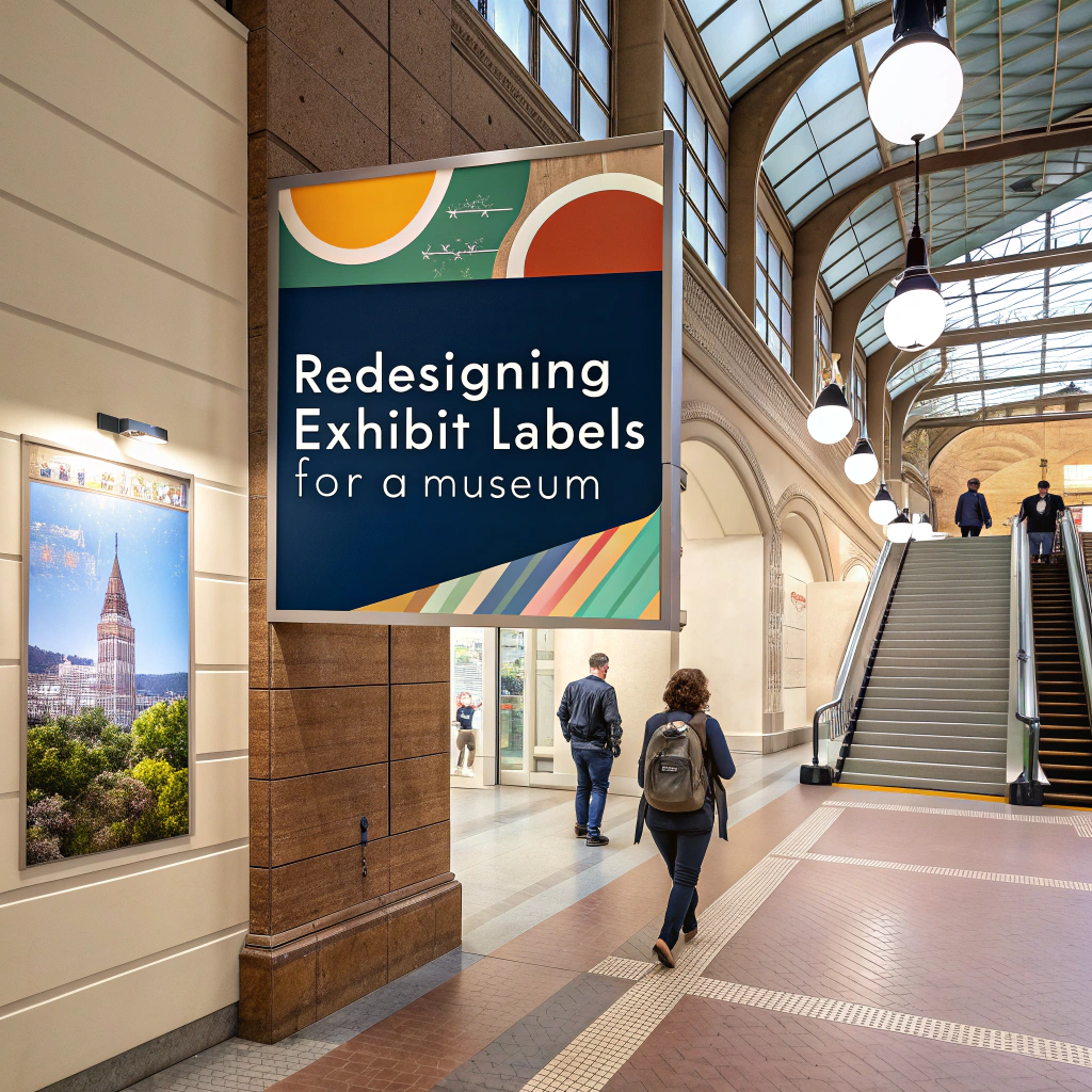 A large, colorful sign in a spacious, historic museum hallway reads “Redesigning Exhibit Labels for a museum.” People walk past, hinting at successful overhauls in museum redesign visible through posters and elegant architectural details.